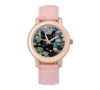 Funny Black Cat Water Lillies Womens Wrist Watch Classic Leather Strap Bracelet Watch for Travel Work