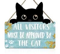 Funny Black Cat Welcome Wood Plaque, Elegant Cats Decor Sign, Natural Wood Cat Gifts for Women, Front Door Welcome Sign for Halloween, Porch, Home Entrance Decor, 23x21 cm