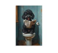 Funny Black Poodle Bathroom Canvas Wall Art Cute Dog Toilet Poster with Newspaper Whimsical Animal Humor Artwork for Pet Lovers Rustic Home Decor for Restroom Gift 08x12inch(20x30cm) Unframed