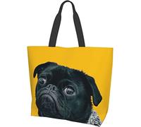 Funny Black Pug Lazy Pet Tote Bag Large Casual Women Shoulder Handbags Reusable Grocery Bags for Work Shopping Travel Beach