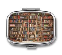 Funny Book Shelves Collection and Ladder Pill Box 2 Compartment Small Square Pills Case Portable for Pocket Pill Organizer Travel Metal Pill Holder for Office Home Vitamin Medicine Fish Oil