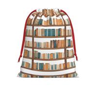 Funny Book Shelves Collection And Ladder Print Drawstring Gift Bag With Pull Cord Closure For Gifting And Storage