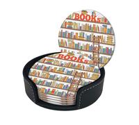 Funny Book Shelves Collection And Ladder Print Round Leather Coasters - Set Of 6, Ultra-Fiber Pu Leather