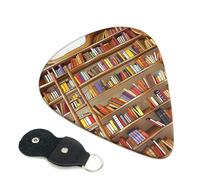 Funny Book Shelves Collection and Ladder Printed Guitar Picks, 6 Pack with Leather Keychain Pick Holder - 0.46mm, 0.71mm, 0.96mm Assorted Thickness for Acoustic Ukulele, Electric Guitar