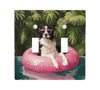 Funny Border Collie Dog Decorative Switch Cover 2 Gang Double Toggle, Summer Oil Painting Chien Switchcover Wall Plate, Puppy Electrical Faceplate for Bedroom Living Room Decor
