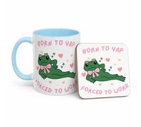 Funny Born to Yap Forced to Work Mug, Frog Meme Coffee Cup, TikTok Viral Mug, Cute Pink Just A Girl Gift, Humour Work Mug for Women, Coworker Office Gift (11oz Baby Blue, Mug & Coaster Set)