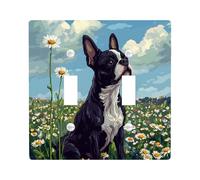 Funny Boston Terrier Dog Decorative Switch Cover Plate 2 Gang Double Toggle, Spring Pixel Art Daisy Chien Electrical Faceplate for Bedroom Bathroom Decor, Puppy Standard Size Switchplate