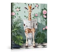 Funny Botanical Giraffe Bathroom Wall Art Print - Cute Giraffe on Toilet Canvas Poster Picture - Funny Bathroom Wall Decor for Restroom Washroom 8x10 Framed