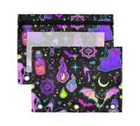Funny Bright Witchy Elements Happy Halloween Zipper Binder Pouches with Clear Window Color Pencil case with Zipper Reinforced Grommets 3 Rings Pencil case for Office School Supplies Cosmetics 2 PCS,