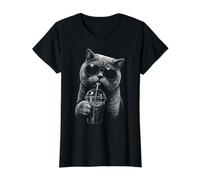 Funny British Shorthair Cat Drinking Iced Coffee Value Graphic T-Shirt, Women, Black, M