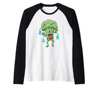Funny Broccoli Monster with One Eye and Blue Ghost Flames Raglan Baseball Tee