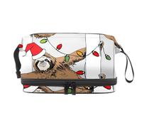 Funny Brown Sloth in Santa'a Hat Double Layer Cosmetic Bag for Women and Girls, Travel Toiletry Bag Makeup Handy Pouch Organiser Bag with Brush Compartment