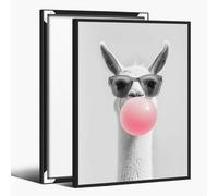 Funny Bubble Gum Llama Wall Art - Alpaca with Sunglasses Poster Pink Bubblegum Print for Kids Room Nursery Bathroom Decor 20x30cm BlackFramed