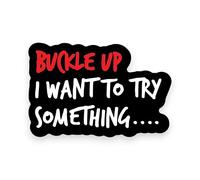 Funny Buckle UP I Want to Try Something 13cm X 9cm Self Adhesive Sticker Car Van Bumper Joke Decal SG334