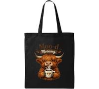 Funny Bull Holding Coffee Cup Illustration Natural Cotton Tote Bag Black