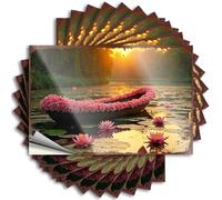 Funny Bumper Sticker Boat Decorated with Pink Flowers On A Serene Lake at Sunset Stickers 10Pcs Car Accessories Bar Accessories for Man Cave(6X9CM)