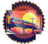 Funny Bumper Sticker Sunset Cityscape with Futuristic Train and Palm Trees Stickers 10Pcs Car Accessories Bar Accessories for Man Cave(6X9CM)
