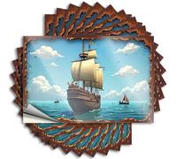 Funny Bumper Stickers Vintage Ship Sailing On Turquoise Seas with Cloudy Sky Stickers 10Pcs Funny Street Signs Funny Stickers(6X9CM)