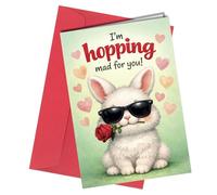 Funny Bunny Birthday Card - “I’m Hopping Mad for You” Cute Animal Pun Romantic Greeting Card for Him, Her, Partner - Valentine’s Day or Anniversary with Envelope #2016