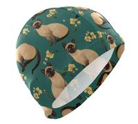 Funny Burmese Cats Teal Swimming Cap for Beginners Short Hair Waterproof Cap for Swimming Hair Protection and Drag Reduction