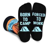 Funny Camp Socks for Men Women Dad Teenage Boys - BORN TO CAMP FORCED TO WORK Novelty Fun Funky Happy Silly Socks for Camper - Camping Essentials Fathers Day Birthday Gifts Christmas Stocking Filler