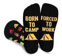 Funny Camp Socks for Men Women Dad Teenage Boys - BORN TO CAMP FORCED TO WORK Novelty Fun Funky Happy Silly Socks for Camper - Camping Essentials Fathers Day Birthday Gifts Christmas Stocking Filler