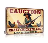 Funny Camping Signs Caution: Crazy Chicken Lady Patrolling Area With Gun Tin Sign Funny House Decor Tin Sign Metal(30X40CM)