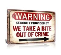 Funny Camping Signs Warning Security Provided By We Take A Bite Out Of Crime Tin Sign Funny House Decor Funny Tin Metal Signs(20X30CM)