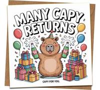 Funny Capybara Birthday Card - Many Capy Returns - 145mm x 145mm Square Greeting Card with Kraft Envelope, Cute Animal Pun Humor for Him Her Friends Kids Men Women