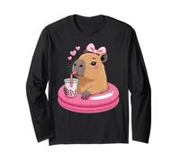 Funny Capybara on Pool Float Drinking Boba Bubble Tea Long Sleeve T-Shirt