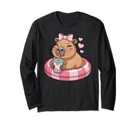Funny Capybara on Pool Float Drinking Boba Bubble Tea Long Sleeve T-Shirt