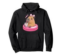 Funny Capybara on Pool Float Drinking Boba Bubble Tea Pullover Hoodie