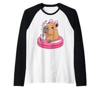 Funny Capybara on Pool Float Drinking Boba Bubble Tea Raglan Baseball Tee
