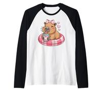 Funny Capybara on Pool Float Drinking Boba Bubble Tea Raglan Baseball Tee