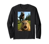 Funny Capybara Selfie Dinosaur Trex Animal Lover Boys Girls Long Sleeve T-Shirt