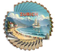 Funny Car Decals Zurich: A Coastal Cityscape with Sailing Ships and Snow-Capped Mo Stickers 10Pcs Bumper Stickers Funny Signs for Bar(12X18CM)