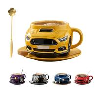 Funny Car Shaped Coffee Mug, Creative Sport Style Auto Coffee Cup With Handle & Gold Long Handle Spoon, Portable 3.5oz Coffee Mug For Car Fans Truck Lovers Men Women Friends Husband Dad(Color:Yellow)