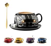 Funny Car Shaped Coffee Mug, Creative Sport Style Auto Coffee Cup With Handle & Gold Long Handle Spoon, Portable 3.5oz Coffee Mug For Car Fans Truck Lovers Men Women Friends Husband Dad(Color:Gray)