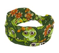 Funny Cartoon Frogs with Lotus Flowers Wide Womens Headband, Sweat Absorbing Sports Hairband, Elastic Soft Hairwrap, Yoga Headband, Fashion Hair Accessory