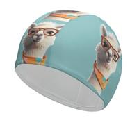 Funny Cartoon Llama Swim Cap for Adult, Elastic Fabric Swimming Cap, Comfortable Bathing Cap for Long & Short Hair
