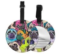 Funny Cartoon Pug Dog,Luggage Tags Pu Leather Name Tag Travel Suitcase Identifier ID Tags Durable Baggage Label 2 pcs