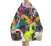Funny Cartoon Pug Dog Oversized Women's Wearable Blanket Hoodie, Flannel Pullover Blanket, Blanket Sweatshirt