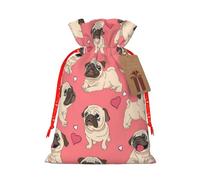 (Funny Cartoon Pug Puppy Dog) Christmas Burlap Gift Bags, Eco-Friendly Polyester Drawstring Pouches For Holiday, Birthday & Party Gift Packaging S