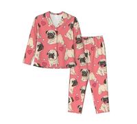 Funny Cartoon Pug Puppy Dog Print Women'S Pajama Set, Long Sleeve Button Down Pjs Sleepwear, Cozy Lounge Nightwear, Black, L