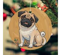 Funny Cartoon Pug Puppy Dogs Christmas Ceramic Ornaments with Gold String - 2.8 Inch Round Double-Sided Porcelain Xmas Tree Decor for Fireplace Mantel, Farmhouse Winter Holiday Hanging Ornaments