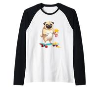 Funny Cartoon Pug with Fries and Oversized Skateboard Raglan Baseball Tee