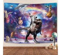 Funny Cat Anime Tapestry, Cool Cat Riding Dinosaur on Galaxy Space UFO - 60x40 Inches for Bedroom, Living Room, Dorm Room