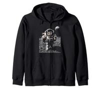Funny Cat Astronaut Moon Landing Victory Selfie with Earth Zip Hoodie