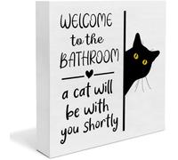 Funny Cat Bathroom Decor - “Welcome to the Bathroom, a Cat Will Be With You Shortly” - Cute Black Cat Humor Restroom Decor for Guest & Half Bathrooms (White-01)