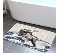 Funny Cat Bathroom Rugs, Cool Cat Riding Dinosaur Non-Slip Bath Mat, Japanese Ocean Wave Bathroom Mats, Kids Children Rustic Wooden Shower Bathtubs 17X29in